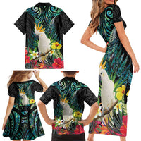 Sulphur-crested Cockatoo New Zealand Family Matching Short Sleeve Bodycon Dress and Hawaiian Shirt Paua Shell Aotearoa Maori Tropical Flowers LT14 - Polynesian Pride