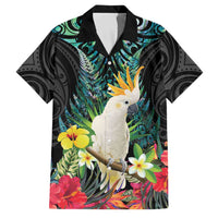 Sulphur-crested Cockatoo New Zealand Family Matching Short Sleeve Bodycon Dress and Hawaiian Shirt Paua Shell Aotearoa Maori Tropical Flowers LT14 Dad's Shirt - Short Sleeve Black - Polynesian Pride