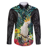 Sulphur-crested Cockatoo New Zealand Family Matching Short Sleeve Bodycon Dress and Hawaiian Shirt Paua Shell Aotearoa Maori Tropical Flowers LT14 Dad's Shirt - Long Sleeve Black - Polynesian Pride