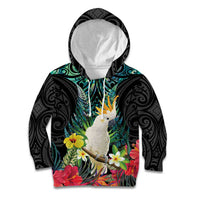 Sulphur-crested Cockatoo New Zealand Kid Hoodie Paua Shell Aotearoa Maori Tropical Flowers - Polynesian Pride