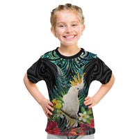 Sulphur-crested Cockatoo New Zealand Kid T Shirt Paua Shell Aotearoa Maori Tropical Flowers LT14 Black - Polynesian Pride