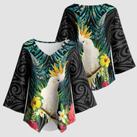 Sulphur-crested Cockatoo New Zealand Kimono Sleeve Blouse Paua Shell Aotearoa Maori Tropical Flowers - Polynesian Pride