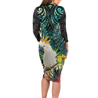 Sulphur-crested Cockatoo New Zealand Long Sleeve Bodycon Dress Paua Shell Aotearoa Maori Tropical Flowers - Polynesian Pride