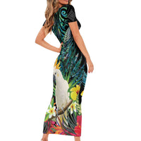 Sulphur-crested Cockatoo New Zealand Short Sleeve Bodycon Dress Paua Shell Aotearoa Maori Tropical Flowers LT14 - Polynesian Pride