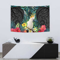 Sulphur-crested Cockatoo New Zealand Tapestry Paua Shell Aotearoa Maori Tropical Flowers - Polynesian Pride