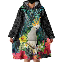 Sulphur-crested Cockatoo New Zealand Wearable Blanket Hoodie Paua Shell Aotearoa Maori Tropical Flowers - Polynesian Pride