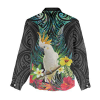 Sulphur-crested Cockatoo New Zealand Women Casual Shirt Paua Shell Aotearoa Maori Tropical Flowers - Polynesian Pride