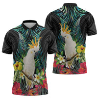 Sulphur-crested Cockatoo New Zealand Zipper Polo Shirt Paua Shell Aotearoa Maori Tropical Flowers LT14 - Polynesian Pride