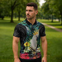 Sulphur-crested Cockatoo New Zealand Zipper Polo Shirt Paua Shell Aotearoa Maori Tropical Flowers LT14 - Polynesian Pride
