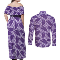 Purple Hawaii Kalo Palaka Motifs Couples Matching Off Shoulder Maxi Dress and Long Sleeve Button Shirt Hawaiian Taro Leaves Elegant Vibes LT14 - Polynesian Pride