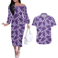Purple Hawaii Kalo Palaka Motifs Couples Matching Off The Shoulder Long Sleeve Dress and Hawaiian Shirt Hawaiian Taro Leaves Elegant Vibes LT14 Purple - Polynesian Pride