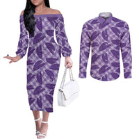 Purple Hawaii Kalo Palaka Motifs Couples Matching Off The Shoulder Long Sleeve Dress and Long Sleeve Button Shirt Hawaiian Taro Leaves Elegant Vibes LT14 Purple - Polynesian Pride