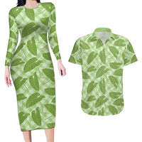 Green Hawaii Kalo Palaka Motifs Couples Matching Long Sleeve Bodycon Dress and Hawaiian Shirt Hawaiian Taro Leaves Elegant Vibes LT14 Green - Polynesian Pride
