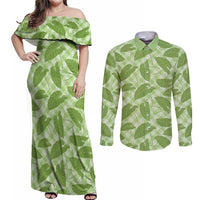 Green Hawaii Kalo Palaka Motifs Couples Matching Off Shoulder Maxi Dress and Long Sleeve Button Shirt Hawaiian Taro Leaves Elegant Vibes LT14 Green - Polynesian Pride