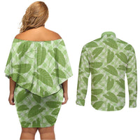 Green Hawaii Kalo Palaka Motifs Couples Matching Off Shoulder Short Dress and Long Sleeve Button Shirt Hawaiian Taro Leaves Elegant Vibes LT14 - Polynesian Pride