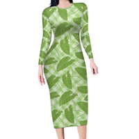 Green Hawaii Kalo Palaka Motifs Long Sleeve Bodycon Dress Hawaiian Taro Leaves Elegant Vibes LT14 Long Dress Green - Polynesian Pride