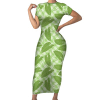 Green Hawaii Kalo Palaka Motifs Short Sleeve Bodycon Dress Hawaiian Taro Leaves Elegant Vibes LT14 Long Dress Green - Polynesian Pride