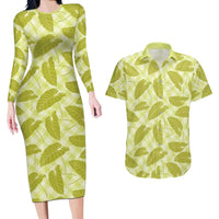 Lime Green Hawaii Kalo Palaka Motifs Couples Matching Long Sleeve Bodycon Dress and Hawaiian Shirt Hawaiian Taro Leaves Elegant Vibes LT14 Lime Green - Polynesian Pride