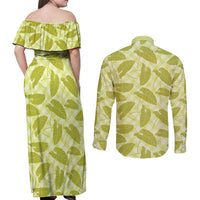 Lime Green Hawaii Kalo Palaka Motifs Couples Matching Off Shoulder Maxi Dress and Long Sleeve Button Shirt Hawaiian Taro Leaves Elegant Vibes LT14 - Polynesian Pride