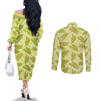 Lime Green Hawaii Kalo Palaka Motifs Couples Matching Off The Shoulder Long Sleeve Dress and Long Sleeve Button Shirt Hawaiian Taro Leaves Elegant Vibes LT14 - Polynesian Pride