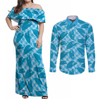 Blue Hawaii Kalo Palaka Motifs Couples Matching Off Shoulder Maxi Dress and Long Sleeve Button Shirt Hawaiian Taro Leaves Elegant Vibes LT14 Blue - Polynesian Pride