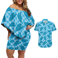 Blue Hawaii Kalo Palaka Motifs Couples Matching Off Shoulder Short Dress and Hawaiian Shirt Hawaiian Taro Leaves Elegant Vibes LT14 Blue - Polynesian Pride