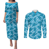 Blue Hawaii Kalo Palaka Motifs Couples Matching Puletasi and Long Sleeve Button Shirt Hawaiian Taro Leaves Elegant Vibes LT14 Blue - Polynesian Pride
