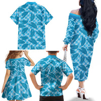 Blue Hawaii Kalo Palaka Motifs Family Matching Off The Shoulder Long Sleeve Dress and Hawaiian Shirt Hawaiian Taro Leaves Elegant Vibes LT14 - Polynesian Pride