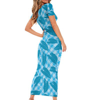 Blue Hawaii Kalo Palaka Motifs Short Sleeve Bodycon Dress Hawaiian Taro Leaves Elegant Vibes LT14 - Polynesian Pride