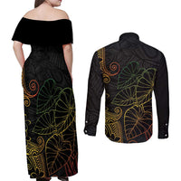 Aloha Hawaii Kalo Couples Matching Off Shoulder Maxi Dress and Long Sleeve Button Shirt Reggae Taro Polynesian Pattern - Polynesian Pride
