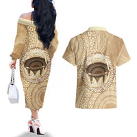 Tonga Skink Kava Bowl Couples Matching Off The Shoulder Long Sleeve Dress and Hawaiian Shirt Vintage Tongan Ngatu Pattern LT14 - Polynesian Pride