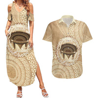 Tonga Skink Kava Bowl Couples Matching Summer Maxi Dress and Hawaiian Shirt Vintage Tongan Ngatu Pattern