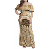 Tonga Skink Kava Bowl Family Matching Off Shoulder Maxi Dress and Hawaiian Shirt Vintage Tongan Ngatu Pattern LT14 Mom's Dress Brown - Polynesian Pride
