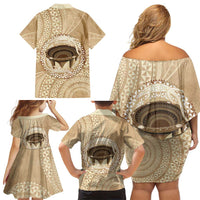 Tonga Skink Kava Bowl Family Matching Off Shoulder Short Dress and Hawaiian Shirt Vintage Tongan Ngatu Pattern LT14 - Polynesian Pride