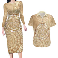 Tonga Ngatu Turtle Couples Matching Long Sleeve Bodycon Dress and Hawaiian Shirt Vintage Tongan Tapa Cloth LT14 Brown - Polynesian Pride