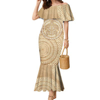 Tonga Ngatu Turtle Family Matching Mermaid Dress and Hawaiian Shirt Vintage Tongan Tapa Cloth LT14 Mom's Dress Brown - Polynesian Pride