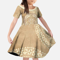 Tonga Ngatu Turtle Family Matching Off Shoulder Maxi Dress and Hawaiian Shirt Vintage Tongan Tapa Cloth LT14 Daughter's Dress Brown - Polynesian Pride