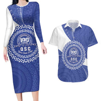 Queen Salote College 100th Anniversary Personalized Couples Matching Long Sleeve Bodycon Dress and Hawaiian Shirt Est 1926 Kolisi Fefine Tongan Ngatu Pattern LT14 Blue - Polynesian Pride