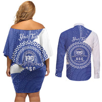 Queen Salote College 100th Anniversary Personalized Couples Matching Off Shoulder Short Dress and Long Sleeve Button Shirt Est 1926 Kolisi Fefine Tongan Ngatu Pattern LT14 - Polynesian Pride