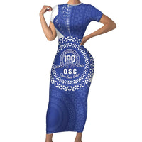 Queen Salote College 100th Anniversary Personalized Family Matching Short Sleeve Bodycon Dress and Hawaiian Shirt Est 1926 Kolisi Fefine Tongan Ngatu Pattern LT14 Mom's Dress Blue - Polynesian Pride