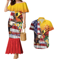 Personalised United States And Papua New Guinea Couples Matching Mermaid Dress and Hawaiian Shirt USA Eagle With PNG Bird Of Paradise LT14 Red - Polynesian Pride