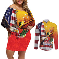 Personalised United States And Papua New Guinea Couples Matching Off Shoulder Short Dress and Long Sleeve Button Shirt USA Eagle With PNG Bird Of Paradise LT14 Red - Polynesian Pride