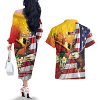 Personalised United States And Papua New Guinea Couples Matching Off The Shoulder Long Sleeve Dress and Hawaiian Shirt USA Eagle With PNG Bird Of Paradise