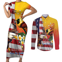 Personalised United States And Papua New Guinea Couples Matching Short Sleeve Bodycon Dress and Long Sleeve Button Shirt USA Eagle With PNG Bird Of Paradise LT14 Red - Polynesian Pride