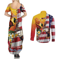Personalised United States And Papua New Guinea Couples Matching Summer Maxi Dress and Long Sleeve Button Shirt USA Eagle With PNG Bird Of Paradise LT14 - Polynesian Pride