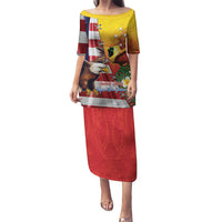 Personalised United States And Papua New Guinea Puletasi USA Eagle With PNG Bird Of Paradise LT14 Long Dress Red - Polynesian Pride