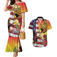 Personalised United States And Hawaii Couples Matching Mermaid Dress and Hawaiian Shirt USA Eagle With Hawaiian Shark Tattoo LT14 Red - Polynesian Pride