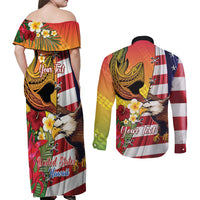Personalised United States And Hawaii Couples Matching Off Shoulder Maxi Dress and Long Sleeve Button Shirt USA Eagle With Hawaiian Shark Tattoo