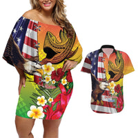 Personalised United States And Hawaii Couples Matching Off Shoulder Short Dress and Hawaiian Shirt USA Eagle With Hawaiian Shark Tattoo LT14 Red - Polynesian Pride