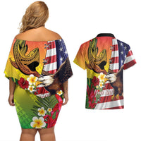 Personalised United States And Hawaii Couples Matching Off Shoulder Short Dress and Hawaiian Shirt USA Eagle With Hawaiian Shark Tattoo LT14 - Polynesian Pride
